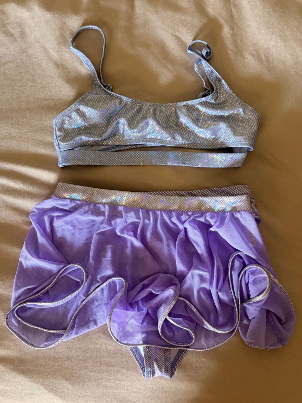 Silver Holographic Bralette, Silver Holographic Bottoms & Lavender Skirt